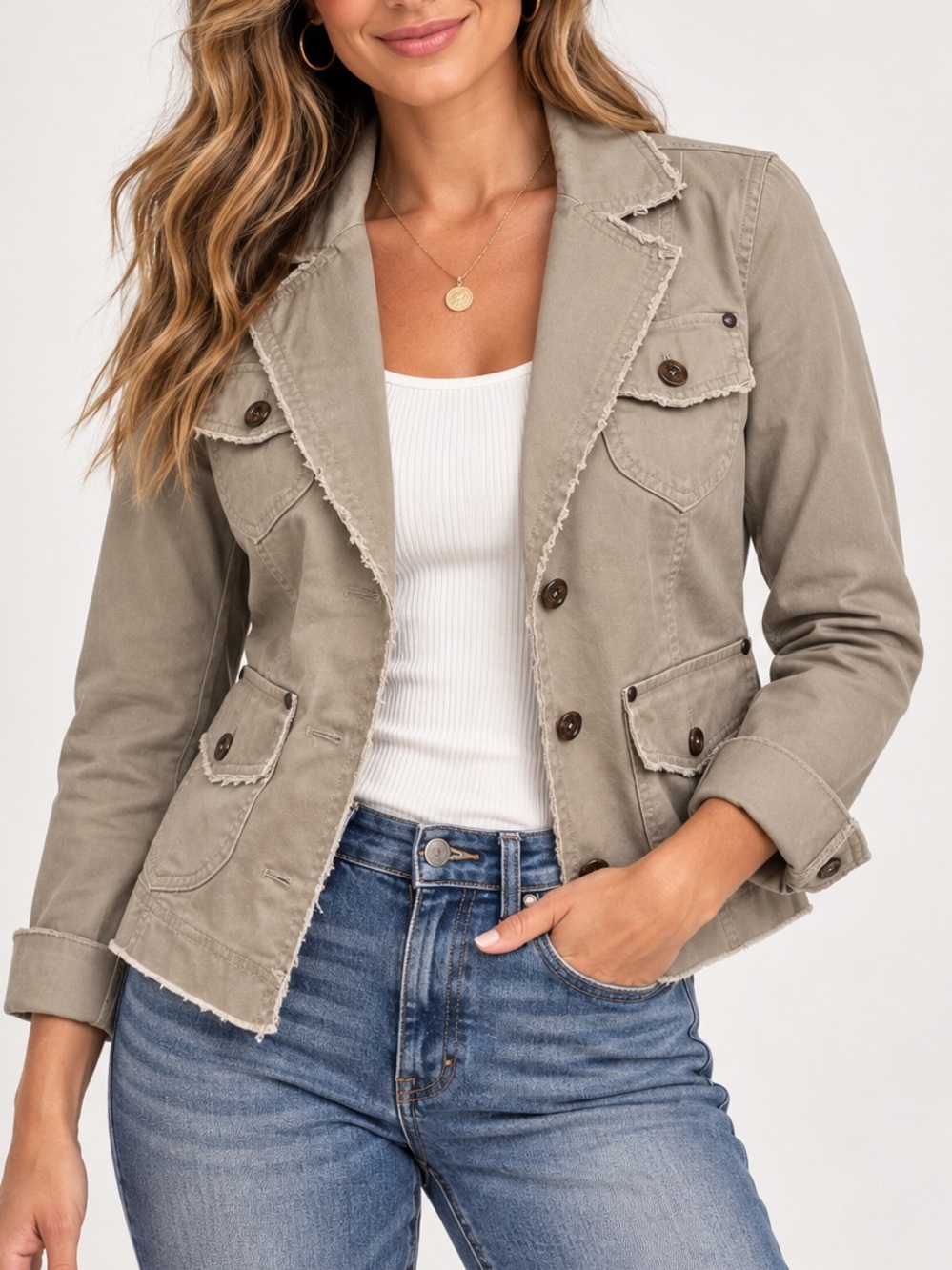 Tulle Utility Blazer Jacket Taupe Cotton Raw Edge Military Boho Size M NWOT